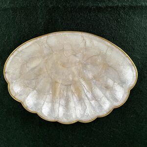 Vintage Scalloped Gold Edged Oval Capiz Shell Dish Trinket Dish 10" x 6 3/4"